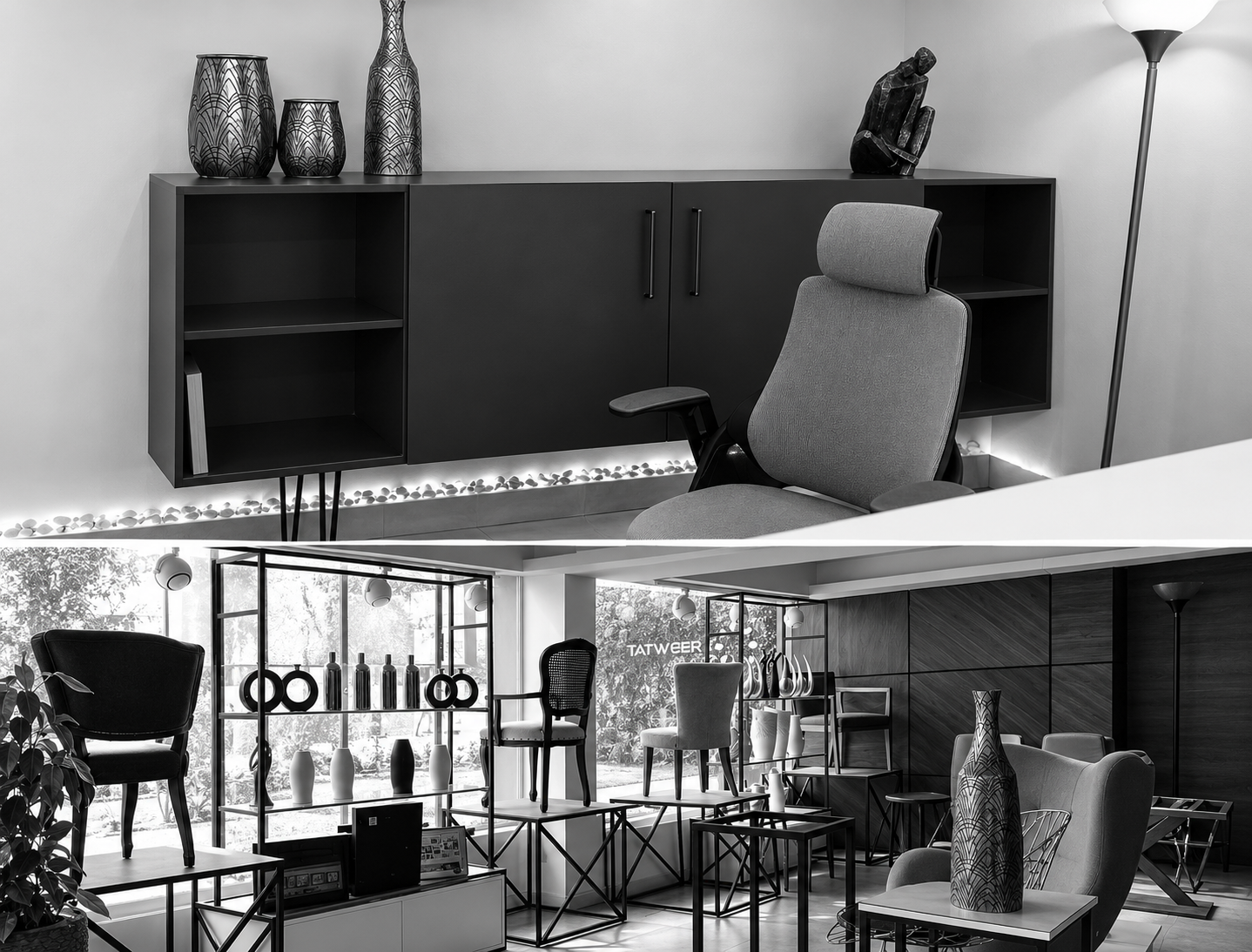 Interior furniture showroom displaying imported seating and custom design pieces